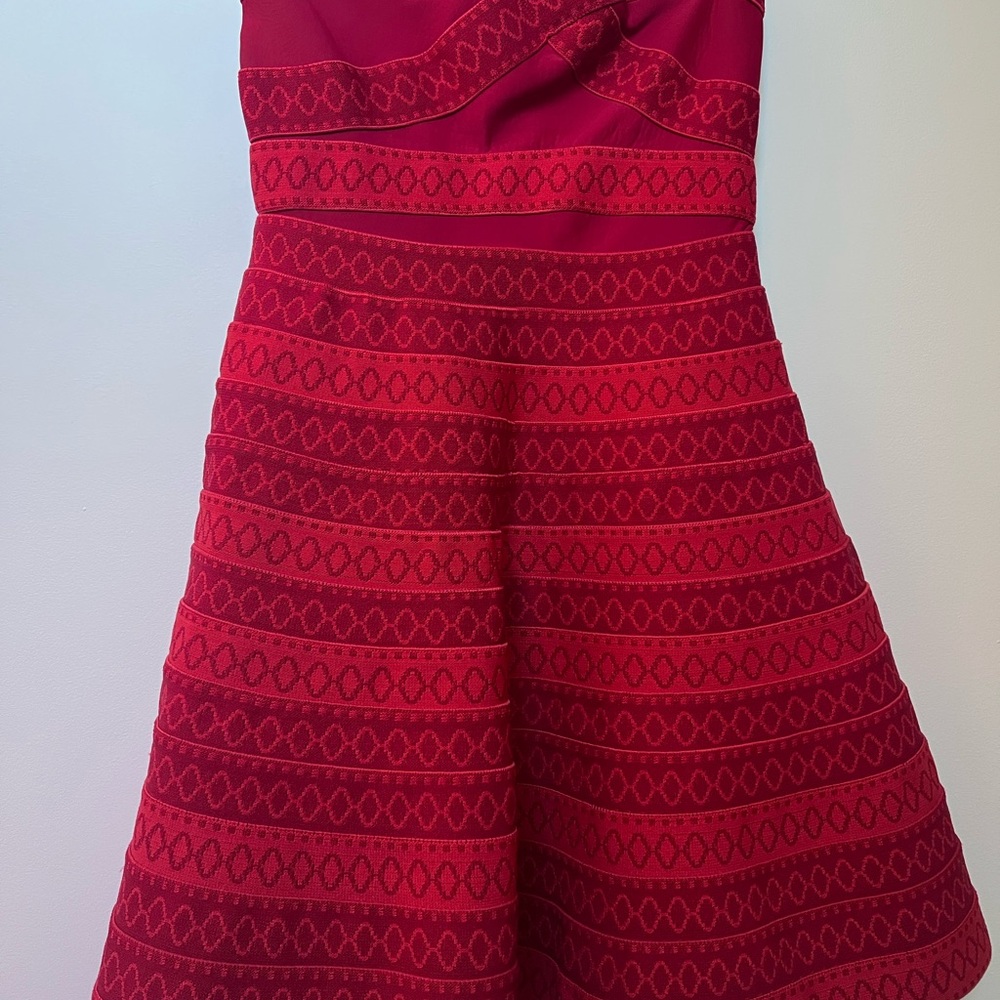Maje Red Elastic Strapless Dress with Geometric Pattern